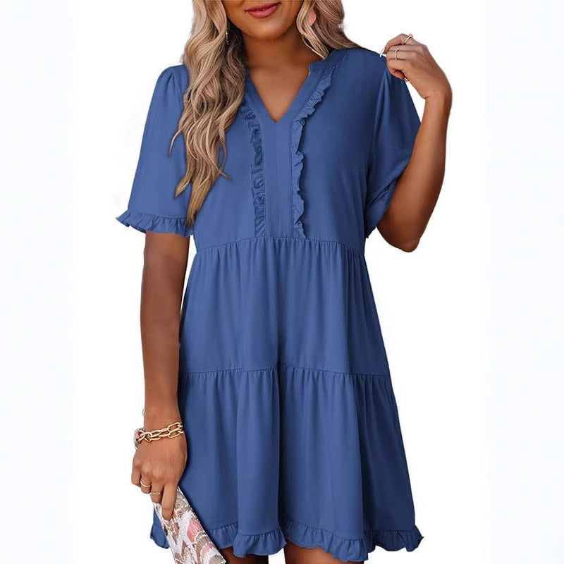 Women's Layered Ruffle Dress with V-Neck
