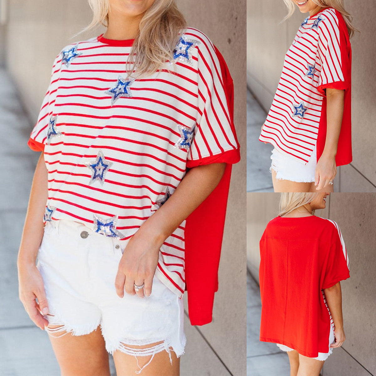 Loose-Fit T-Shirt with Sequin Star Stripes