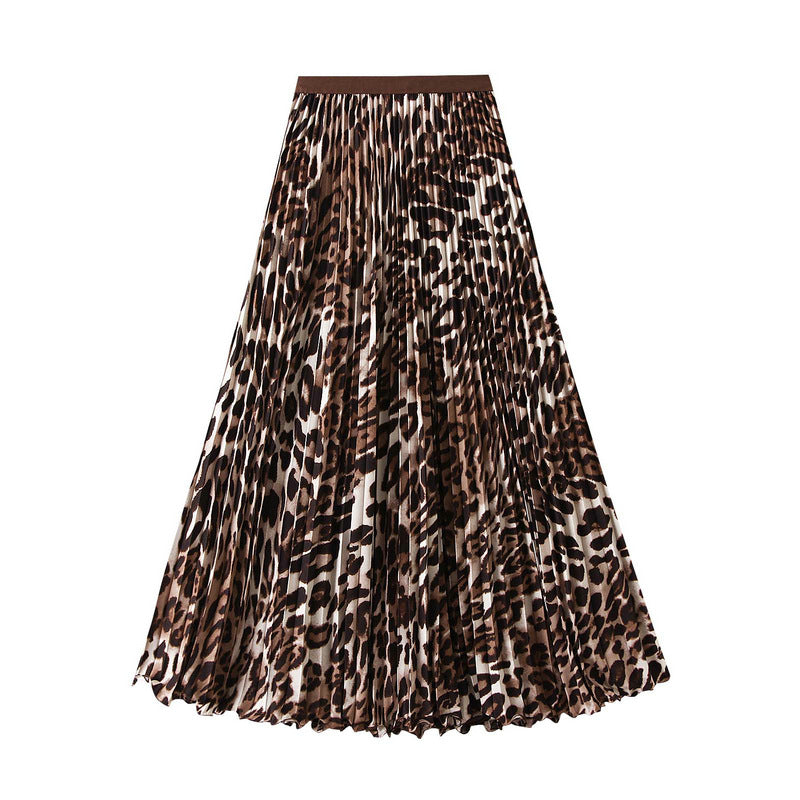 Midi Skirt, Retro Leopard-Print Pleated