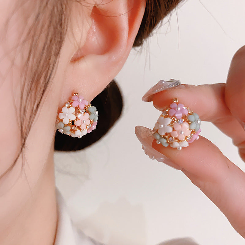 Flower Earrings with Zircon and Pearl Accents