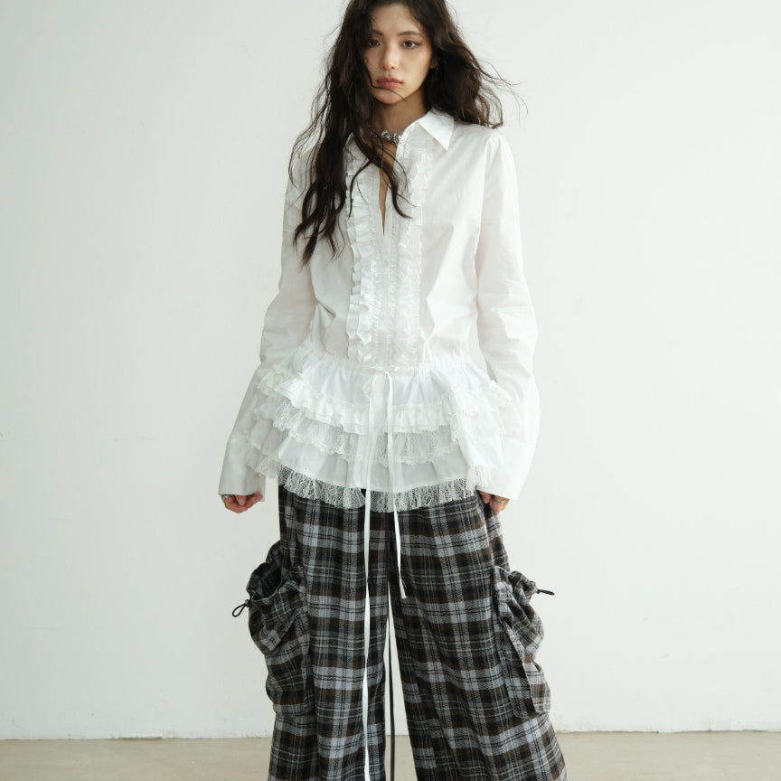Three-dimensional Large Pockets Double-waistband Plaid Wide-leg Trousers