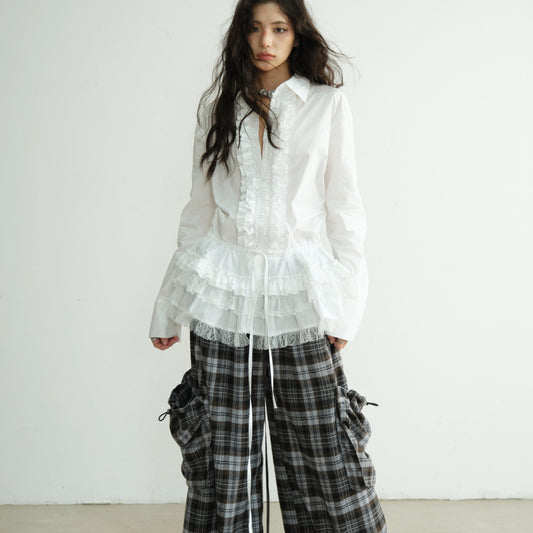 Three-dimensional Large Pockets Double-waistband Plaid Wide-leg Trousers