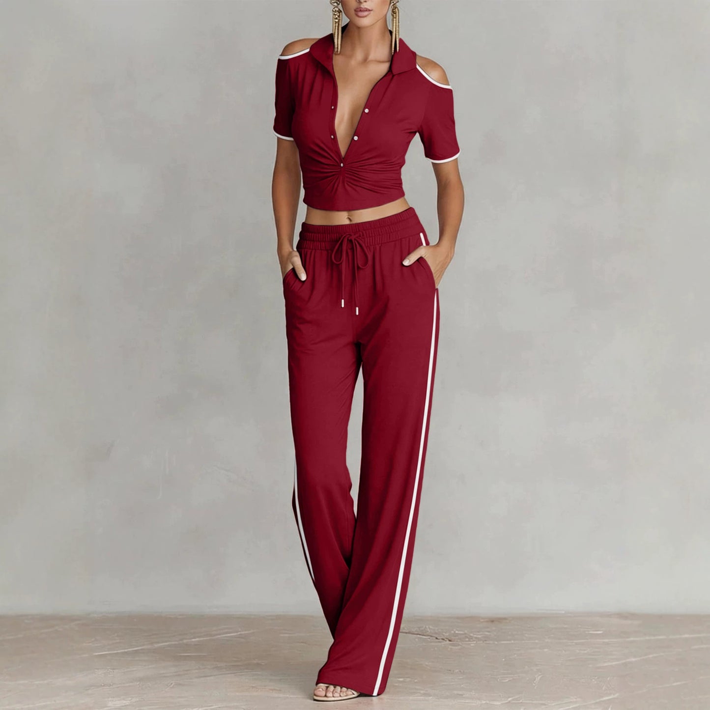 V-Neck Color-Block Pants Set