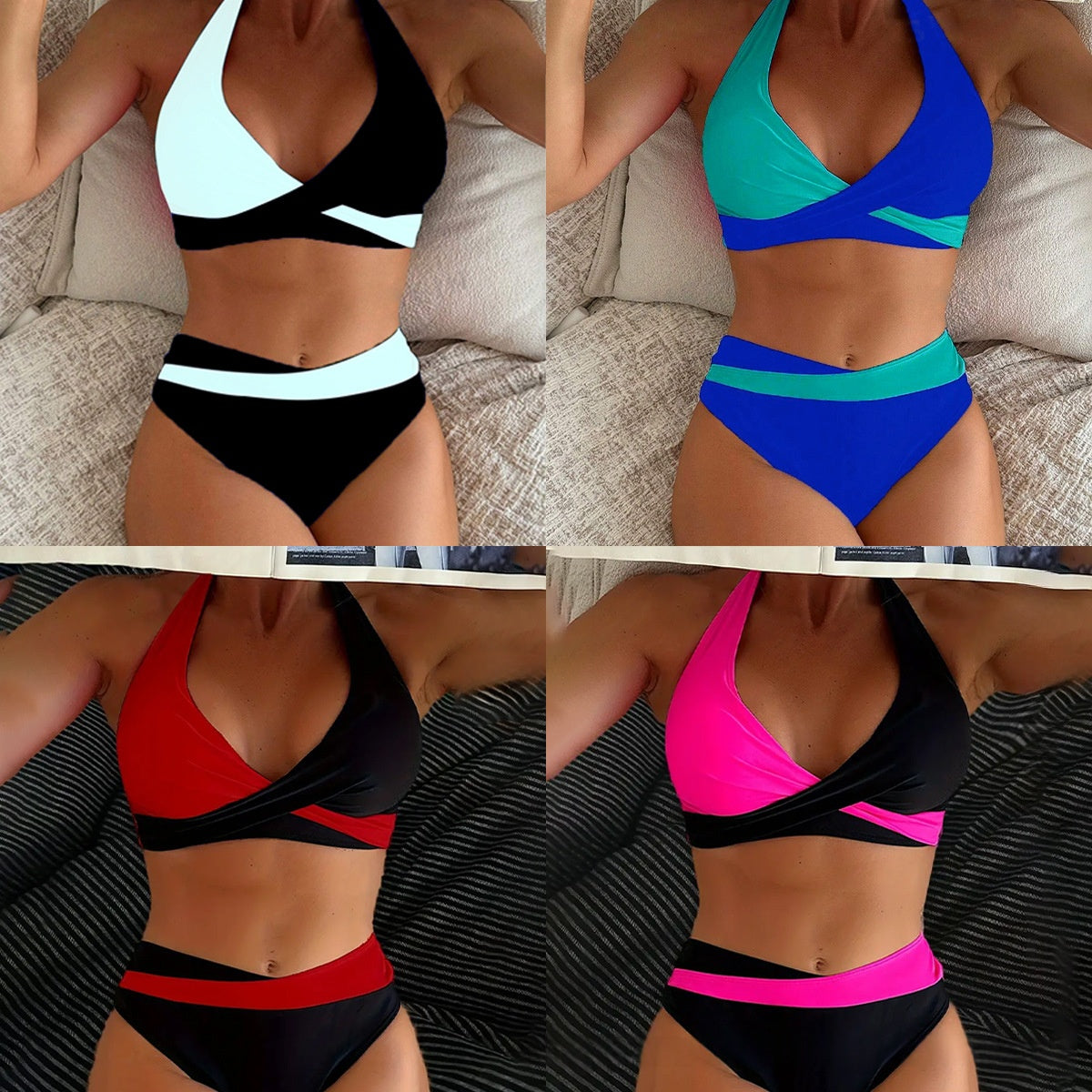 Spliced Multicolor Halter-Neck Bikini Swimsuit
