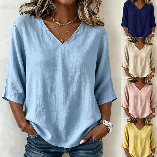 V-Neck Top with Loose-Fitting Solid Color