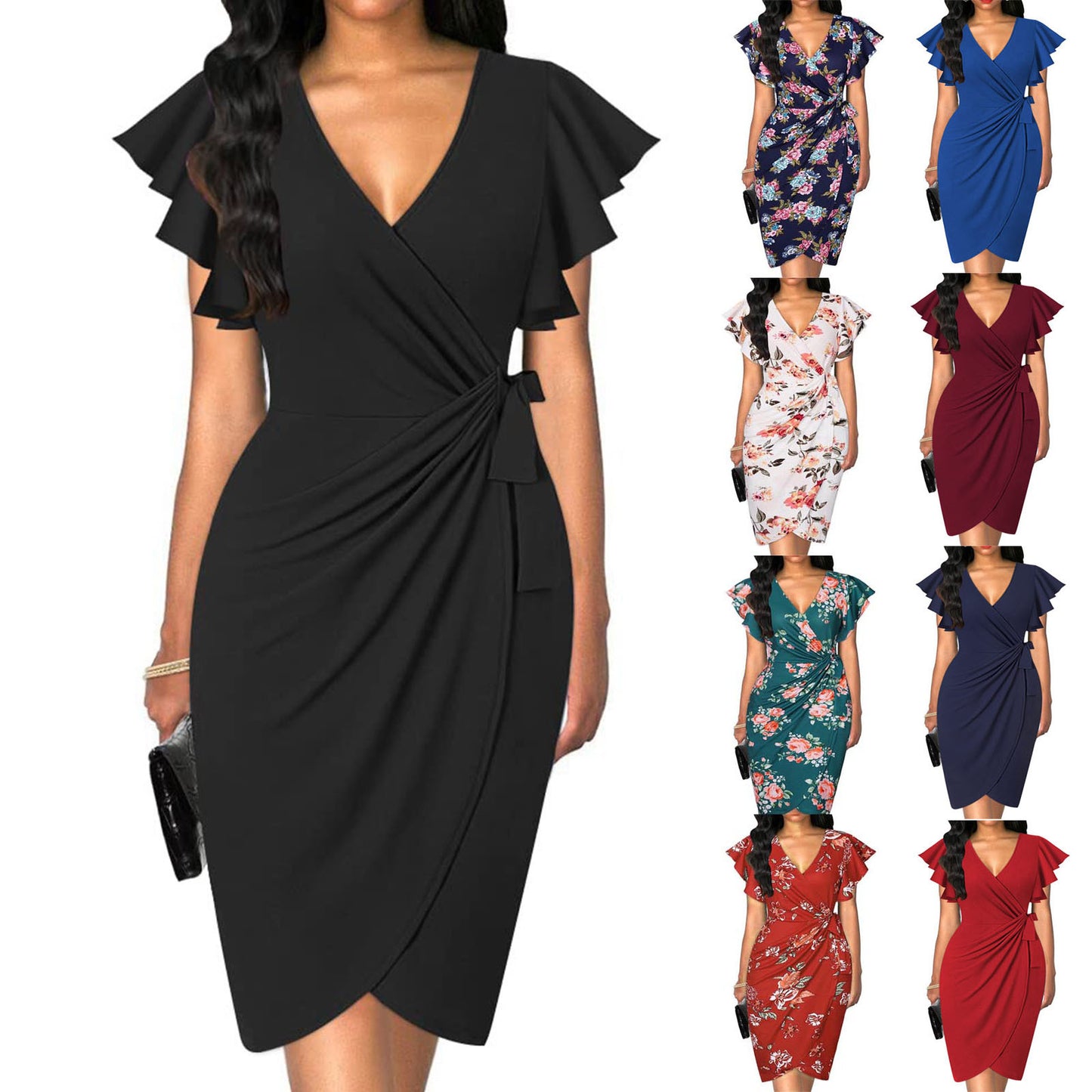 Wrap-style Slimming Waist-cinching Pleated Solid-color Dress For Women