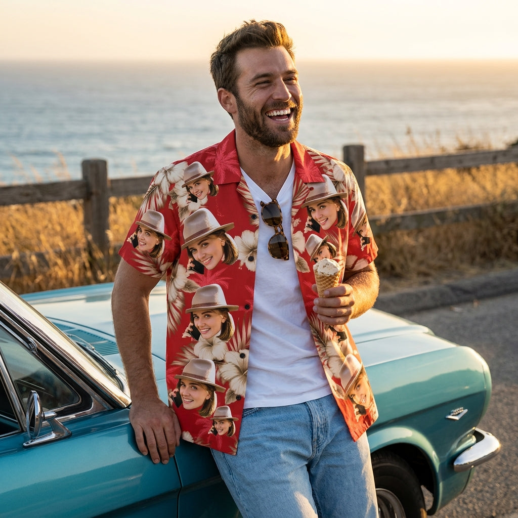 Red Hibiscus Palm Tree Print Hawaiian Shirt