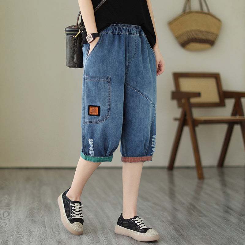 Capri Pants with Distressed Wash and Elastic Waist