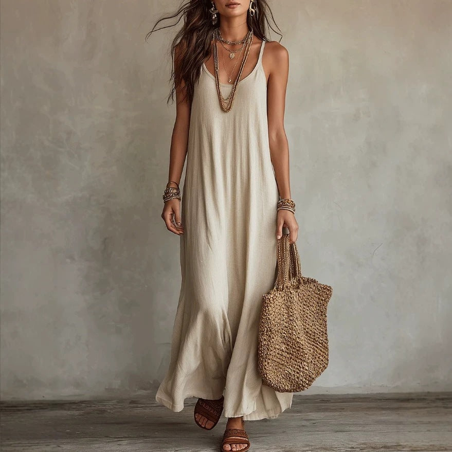 Bohemian Dress in Loose-Fit Solid Color